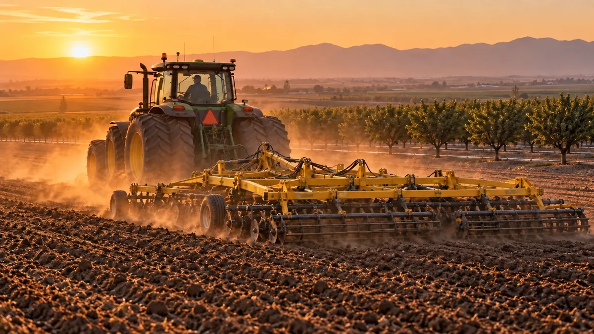A tractor pulling a wide yellow tillage implement through dusty worked ground beside an orchard at sunset