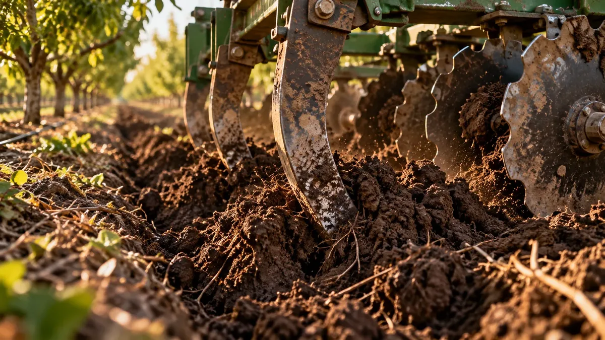 Ripper shanks and notched discs cutting through dark soil between orchard rows