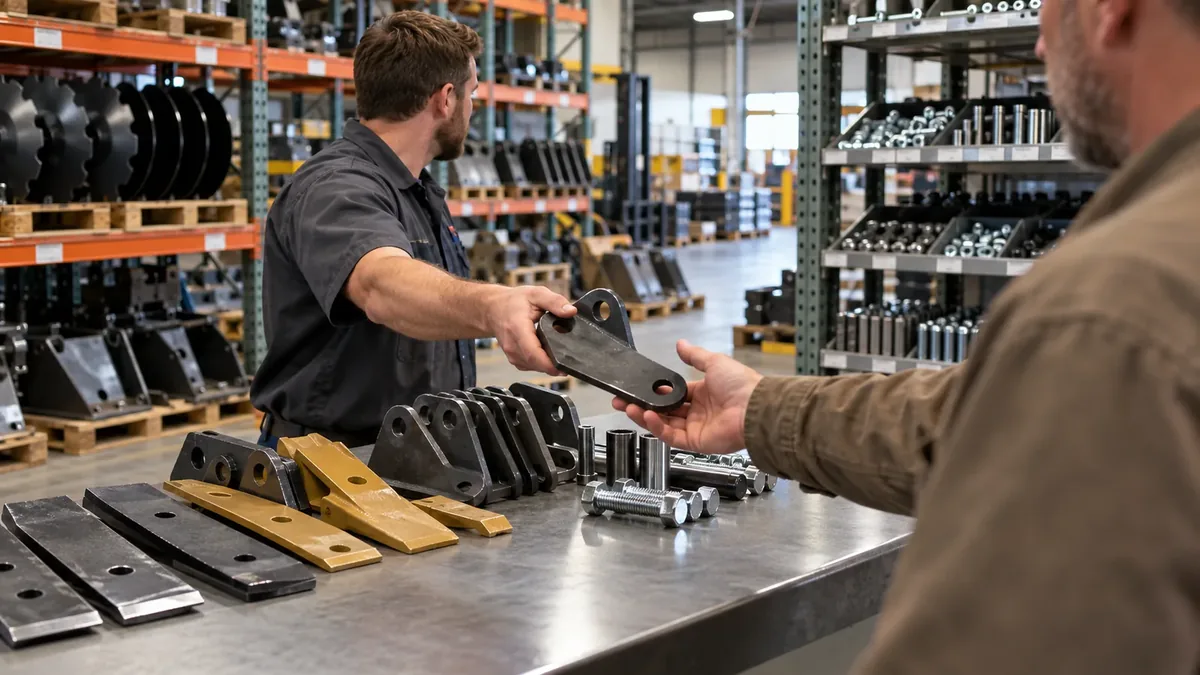 A parts counter with shanks, points and bolts laid out, a bracket handed across to a customer