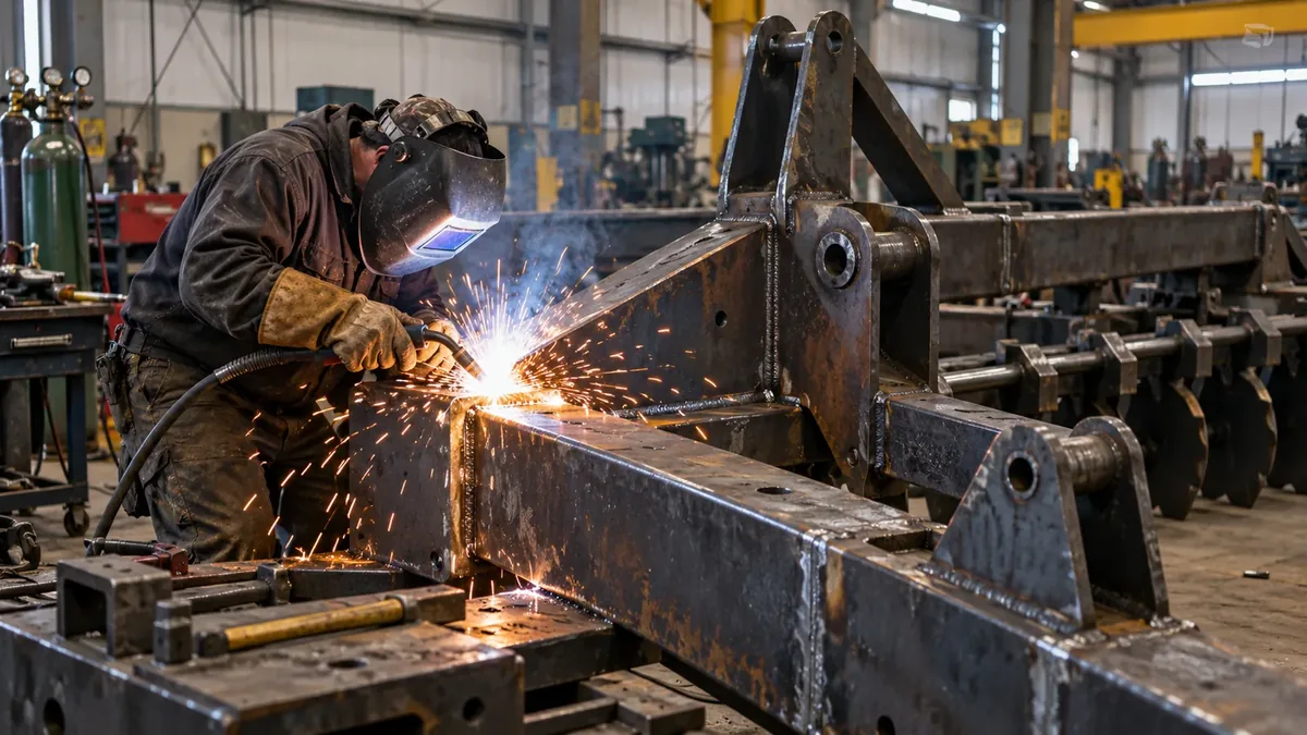 A welder in a mask joining heavy steel tube for an implement frame, sparks flying