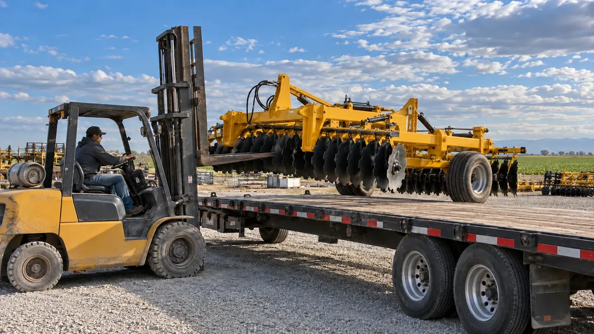 A forklift setting a yellow disc implement onto a flatbed trailer in a gravel yard